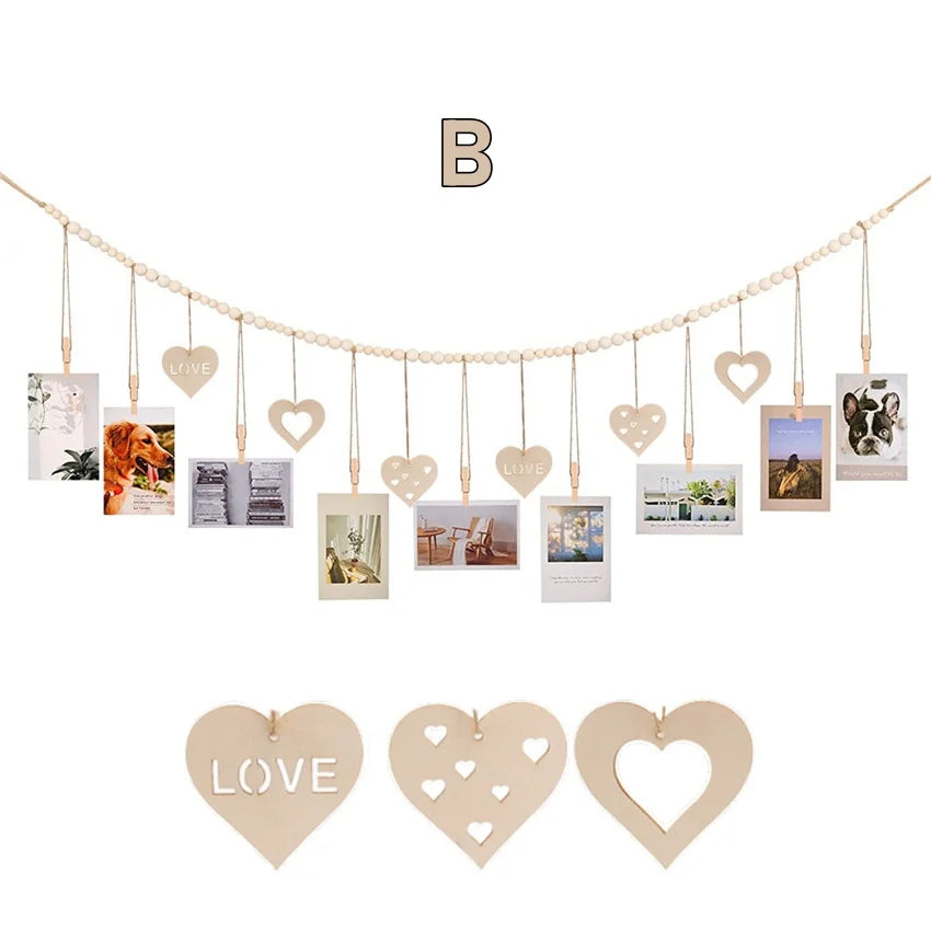 Wooden Bead Hanging Photo Display with Clips