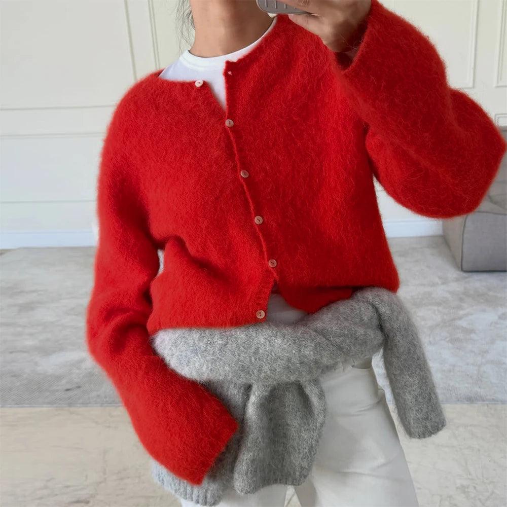 Round-Neck Button-Front Knit Cardigan