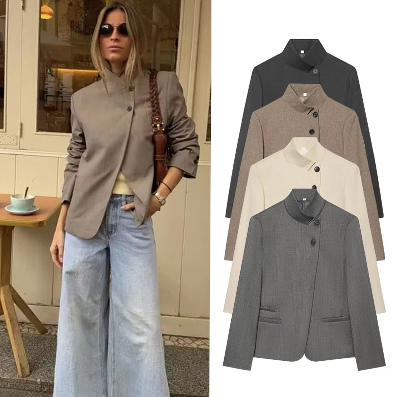 Stand-Collar Blazer with Pocket Detailing