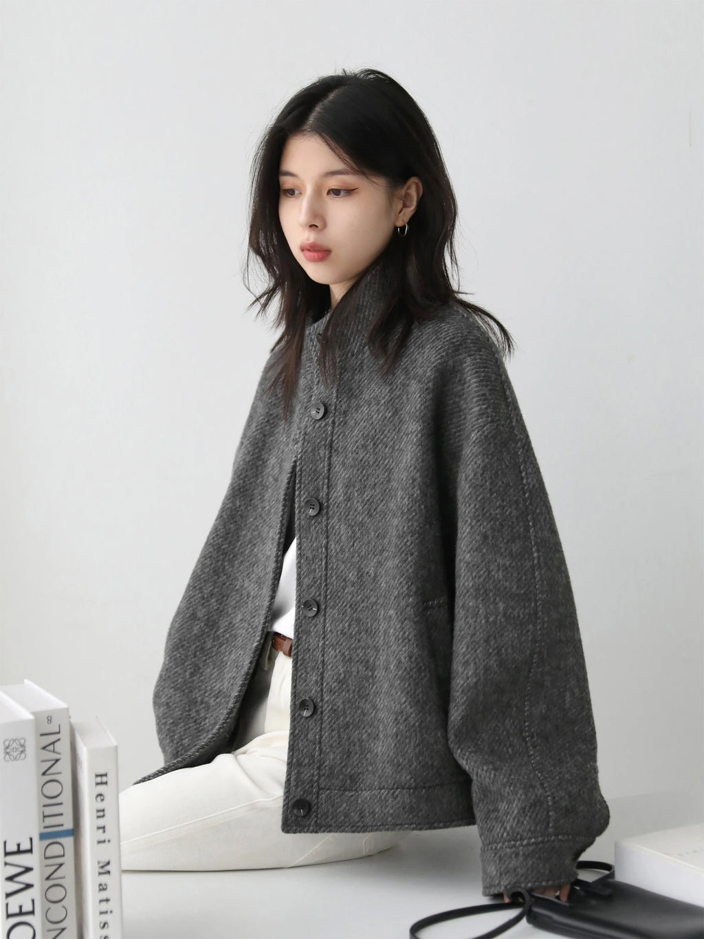 Stand-Collar Wool-Blend Short Coat
