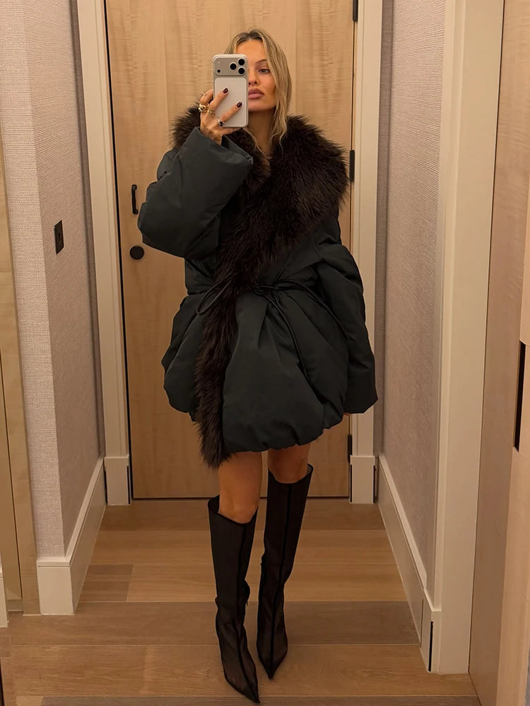 Belted Padded Jacket with Faux-Fur Collar