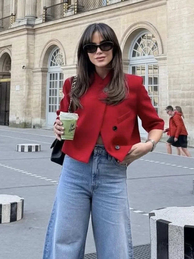 Stand-Collar Short-Sleeve Blazer