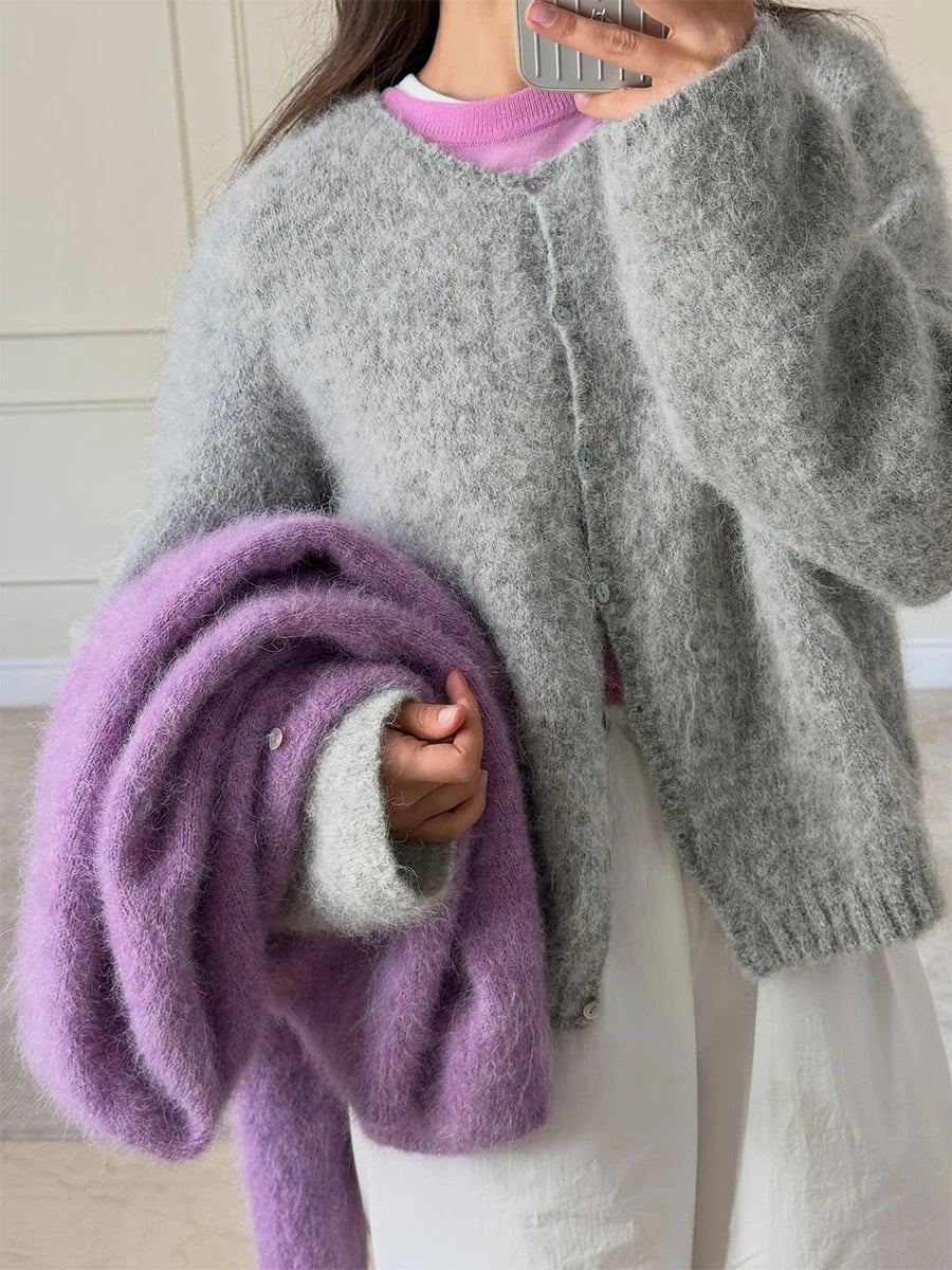 Round-Neck Button-Front Knit Cardigan