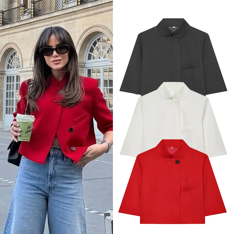 Stand-Collar Short-Sleeve Blazer