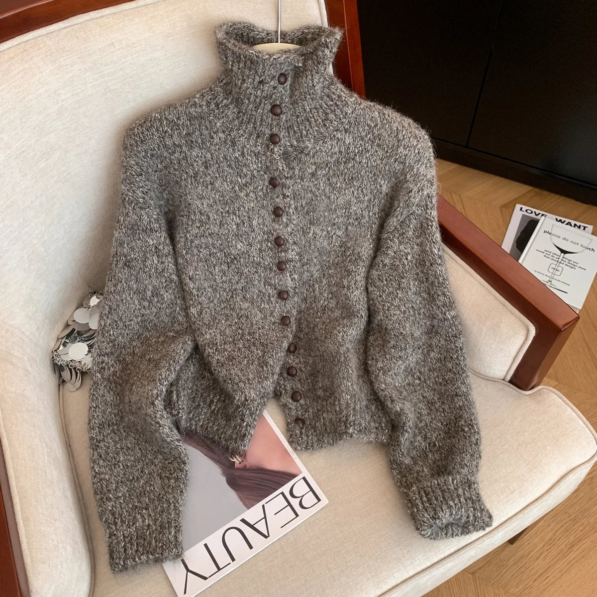 Turtleneck Button-Front Knit Cardigan