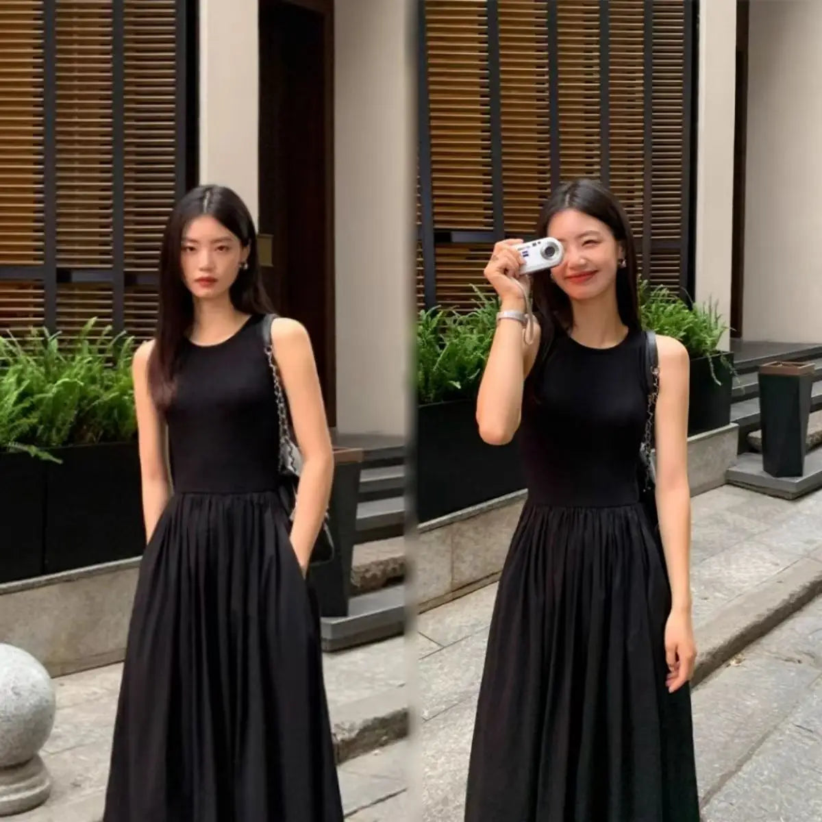 Sleeveless Black A-Line Dress with Pockets