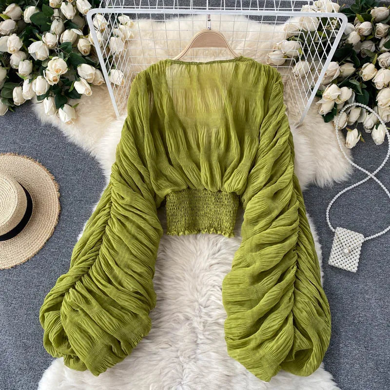 Sheer V-Neck Blouse with Statement Sleeves