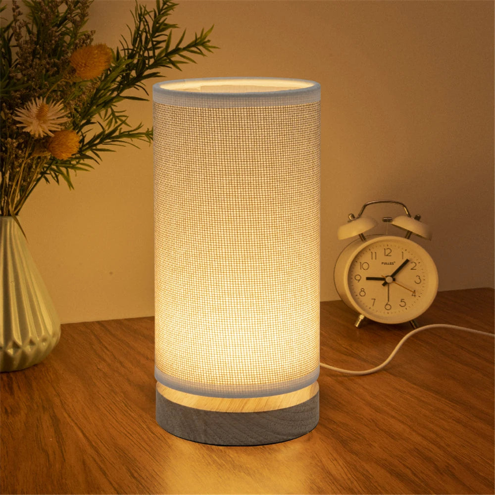 Fabric-Shade LED Table Lamp with Wooden Base