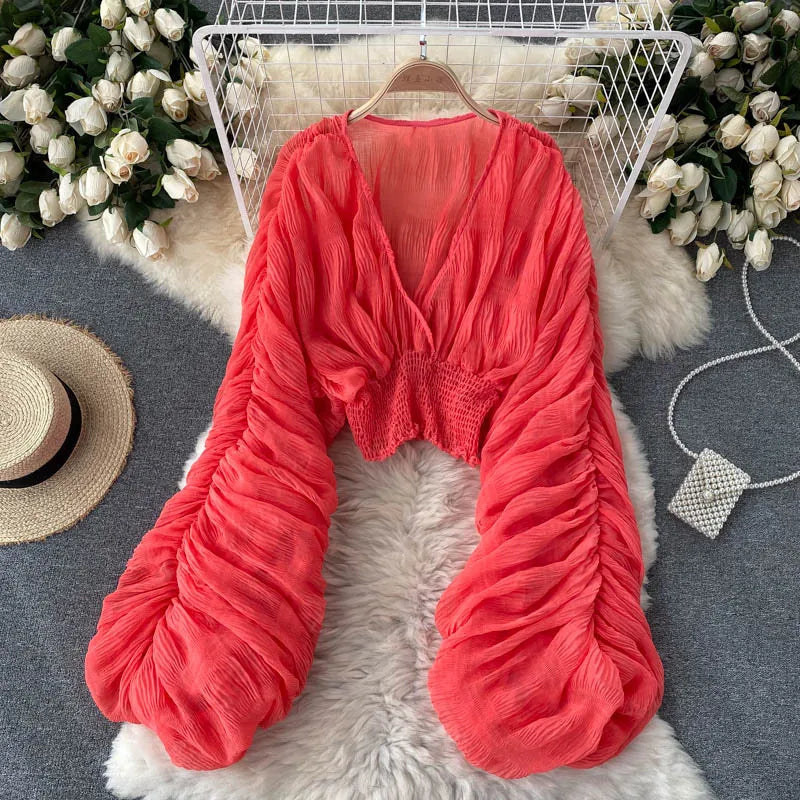 Sheer V-Neck Blouse with Statement Sleeves