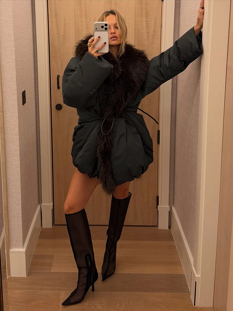 Belted Padded Jacket with Faux-Fur Collar