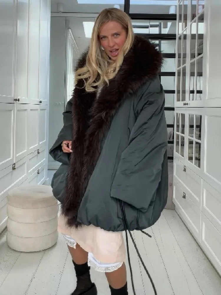 Belted Padded Jacket with Faux-Fur Collar