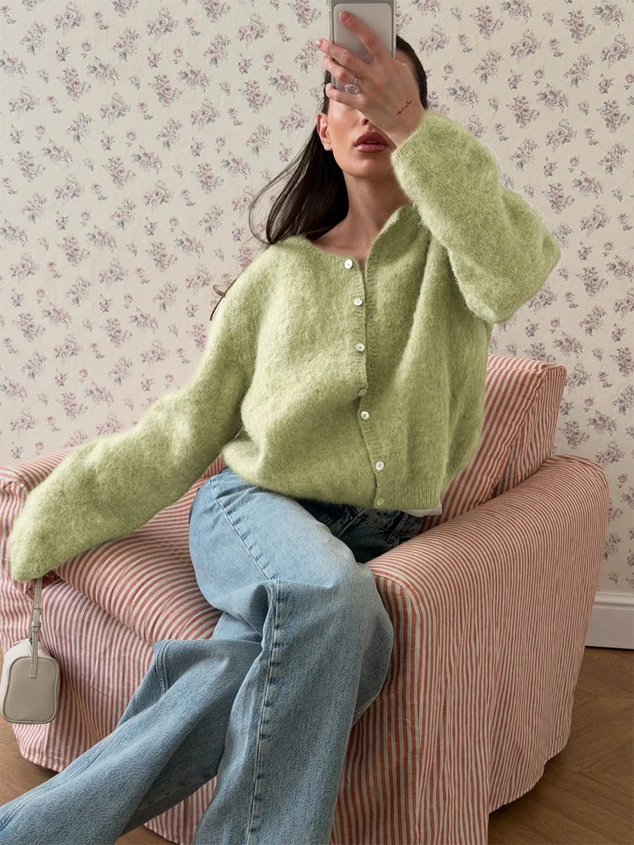 Round-Neck Button-Front Knit Cardigan