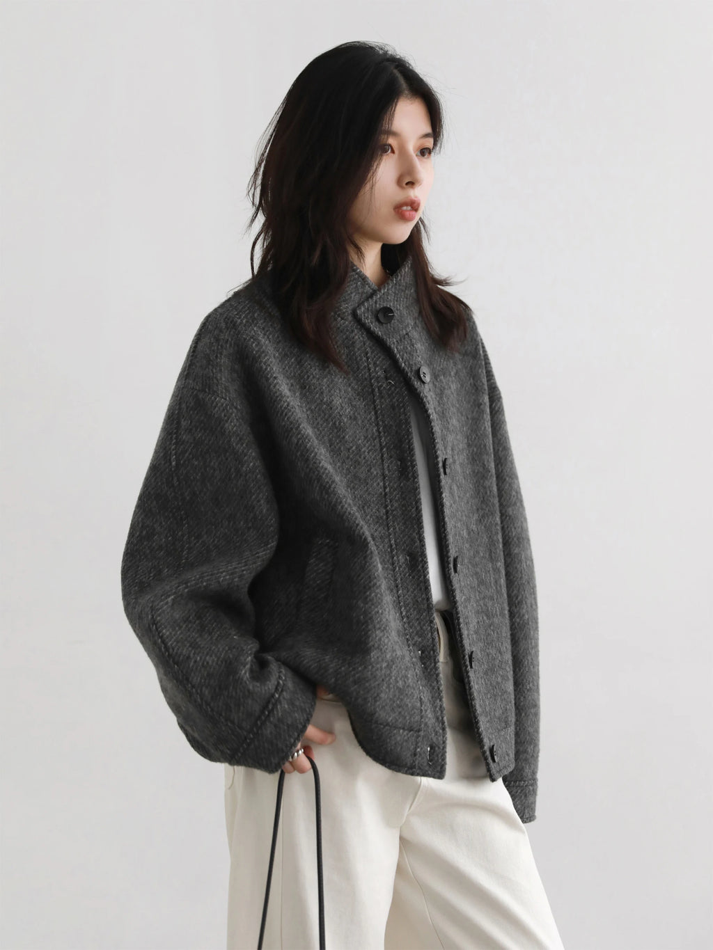 Stand-Collar Wool-Blend Short Coat