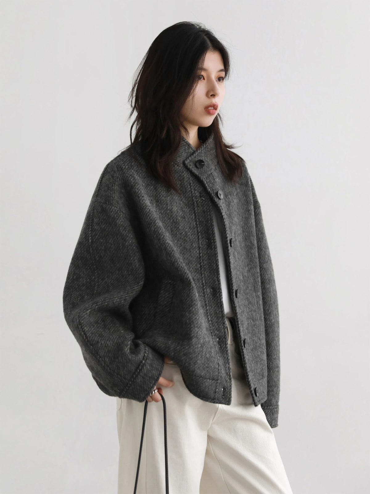 Stand-Collar Wool-Blend Short Coat