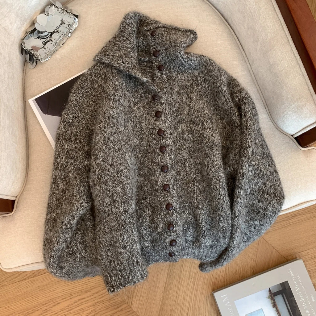 Turtleneck Button-Front Knit Cardigan