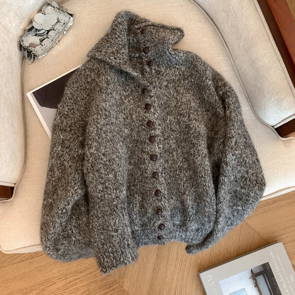 Turtleneck Button-Front Knit Cardigan