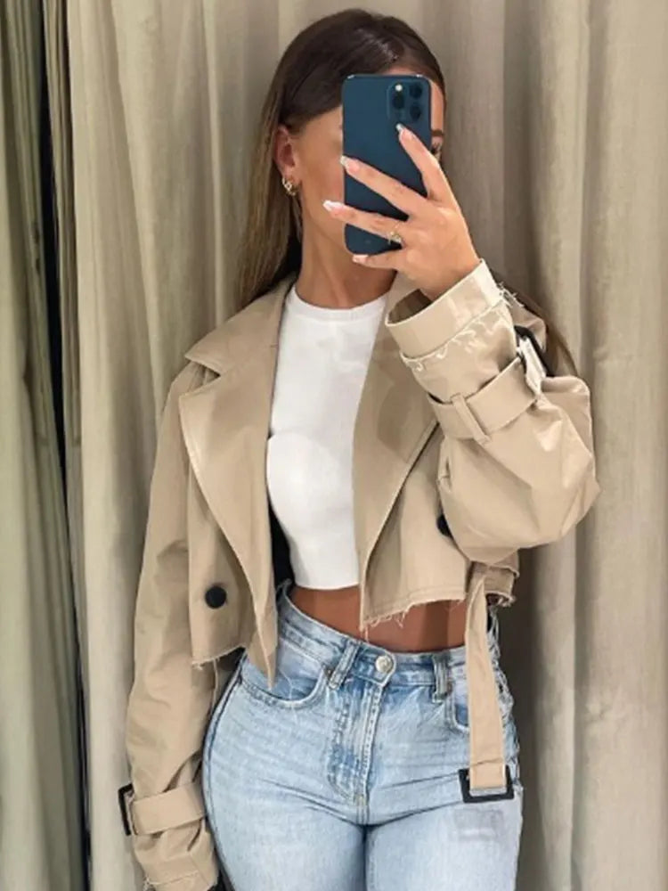 Belted Double-Breasted Cropped Trench Jacket