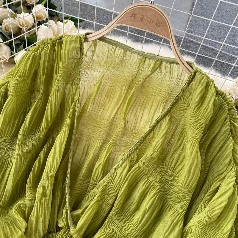 Sheer V-Neck Blouse with Statement Sleeves