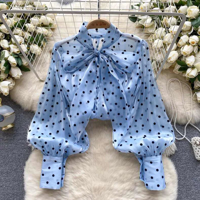Polka-Dot Bow-Neck Blouse