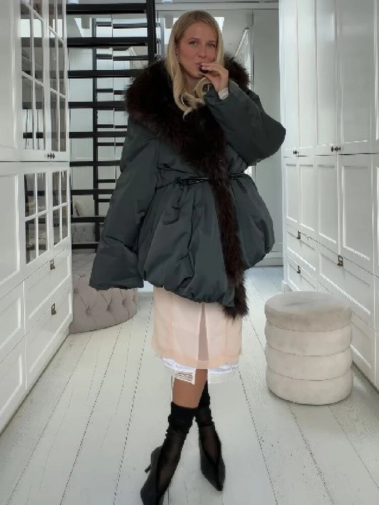 Belted Padded Jacket with Faux-Fur Collar