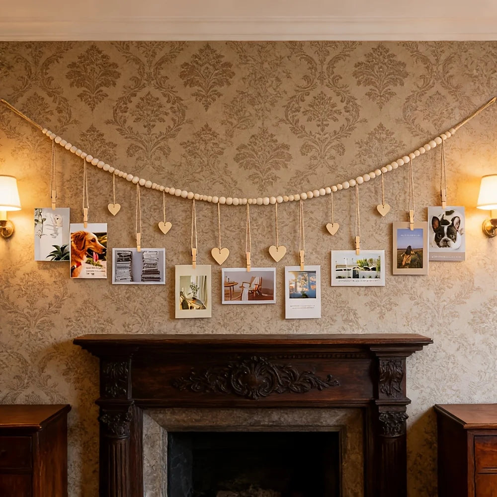 Wooden Bead Hanging Photo Display with Clips