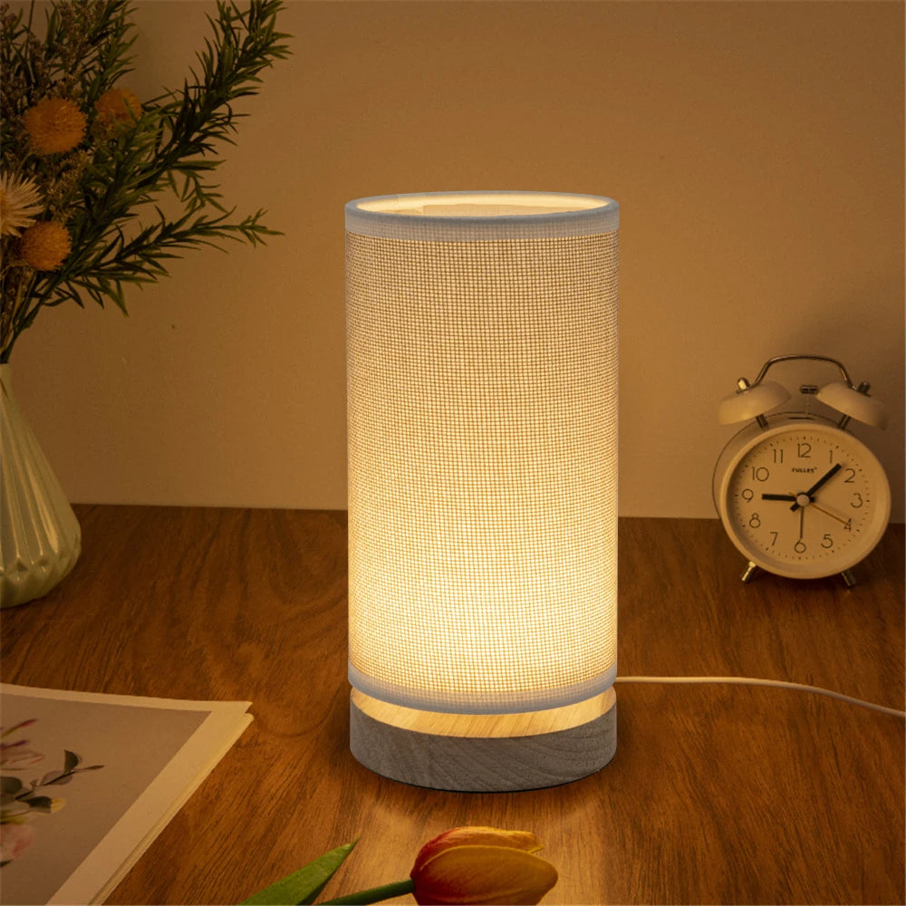Fabric-Shade LED Table Lamp with Wooden Base