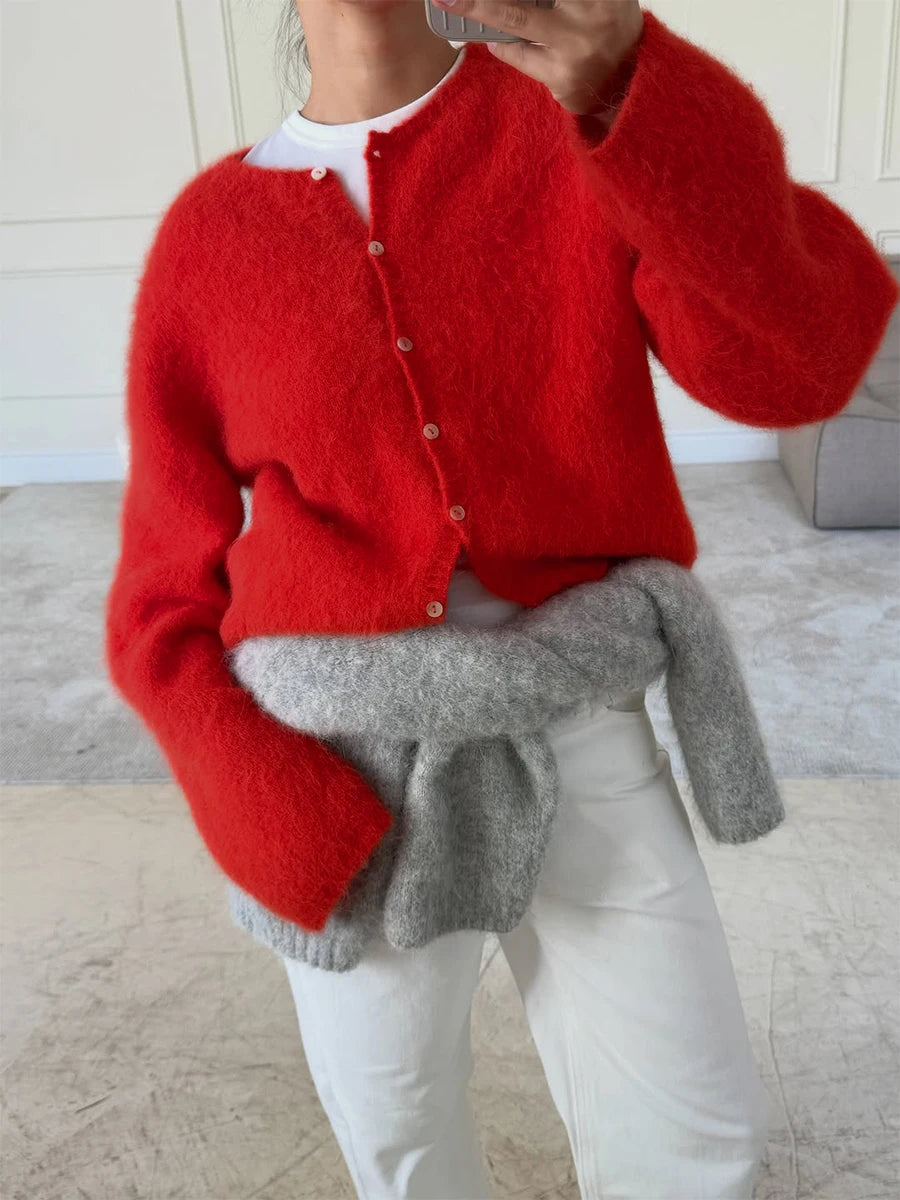 Round-Neck Button-Front Knit Cardigan