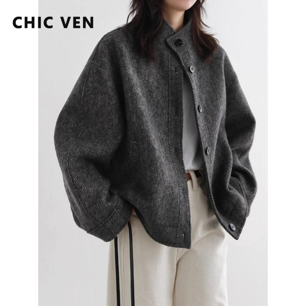 Stand-Collar Wool-Blend Short Coat