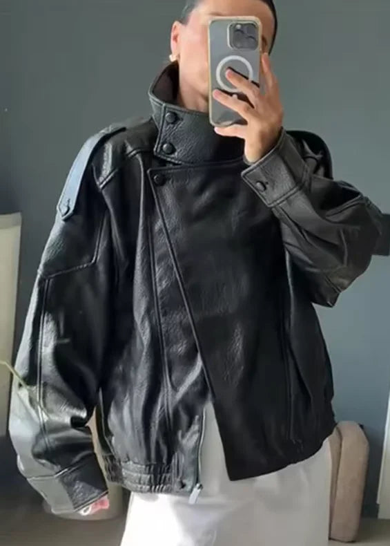 Zip-Front Faux-Leather Biker-Style Jacket