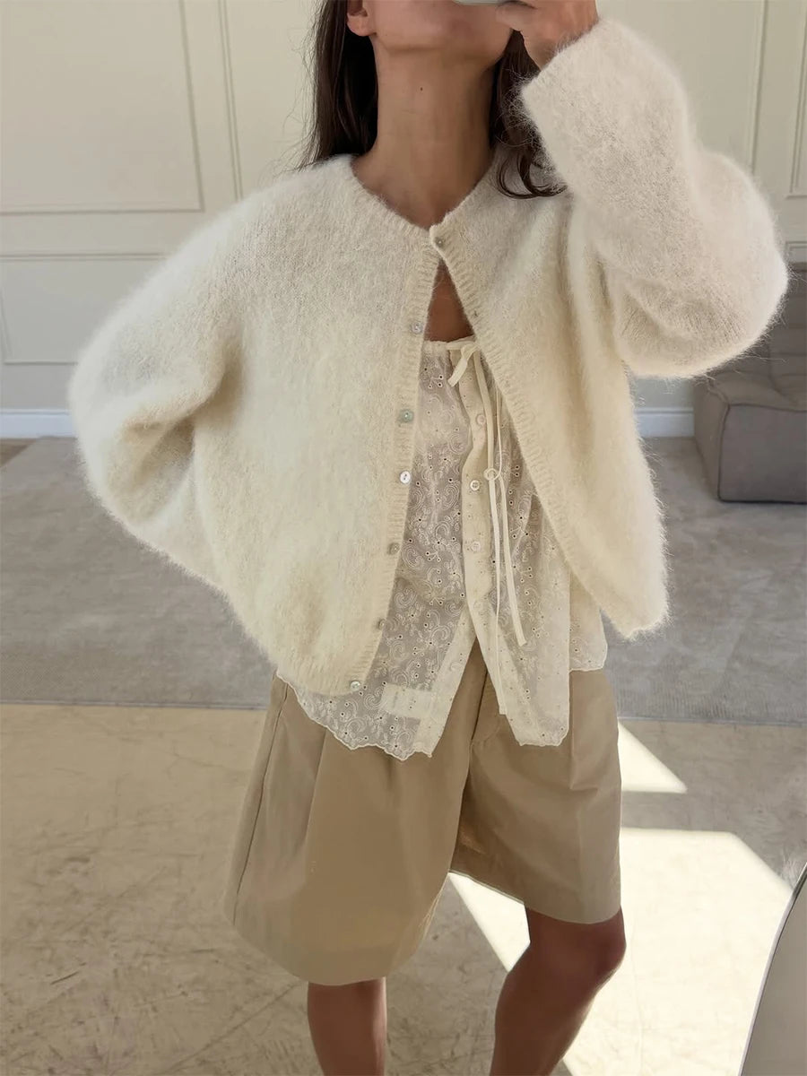 Round-Neck Button-Front Knit Cardigan