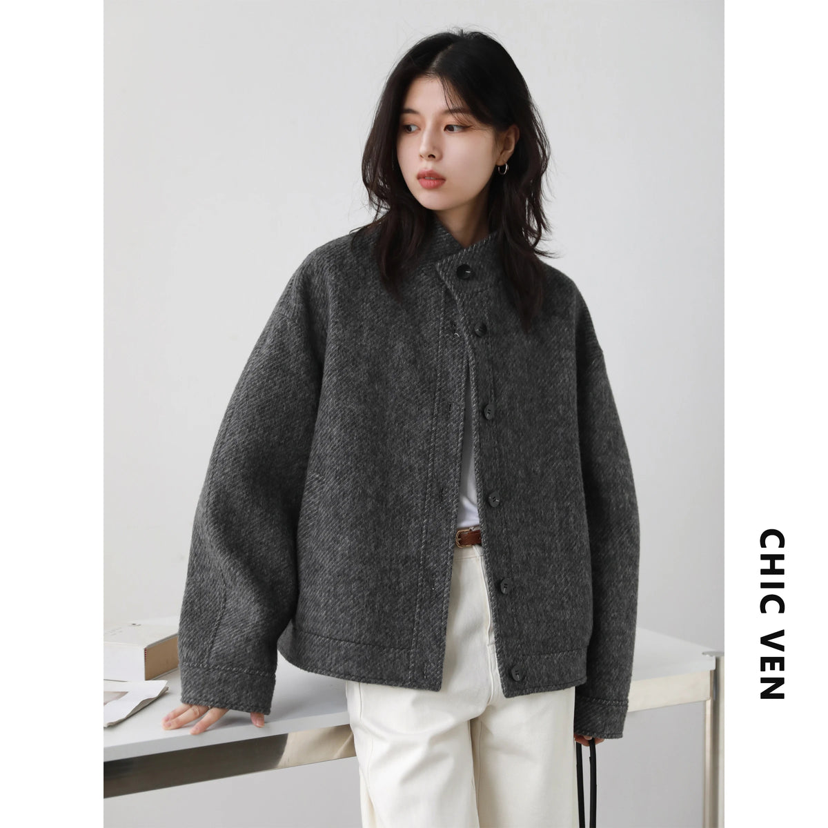 Stand-Collar Wool-Blend Short Coat