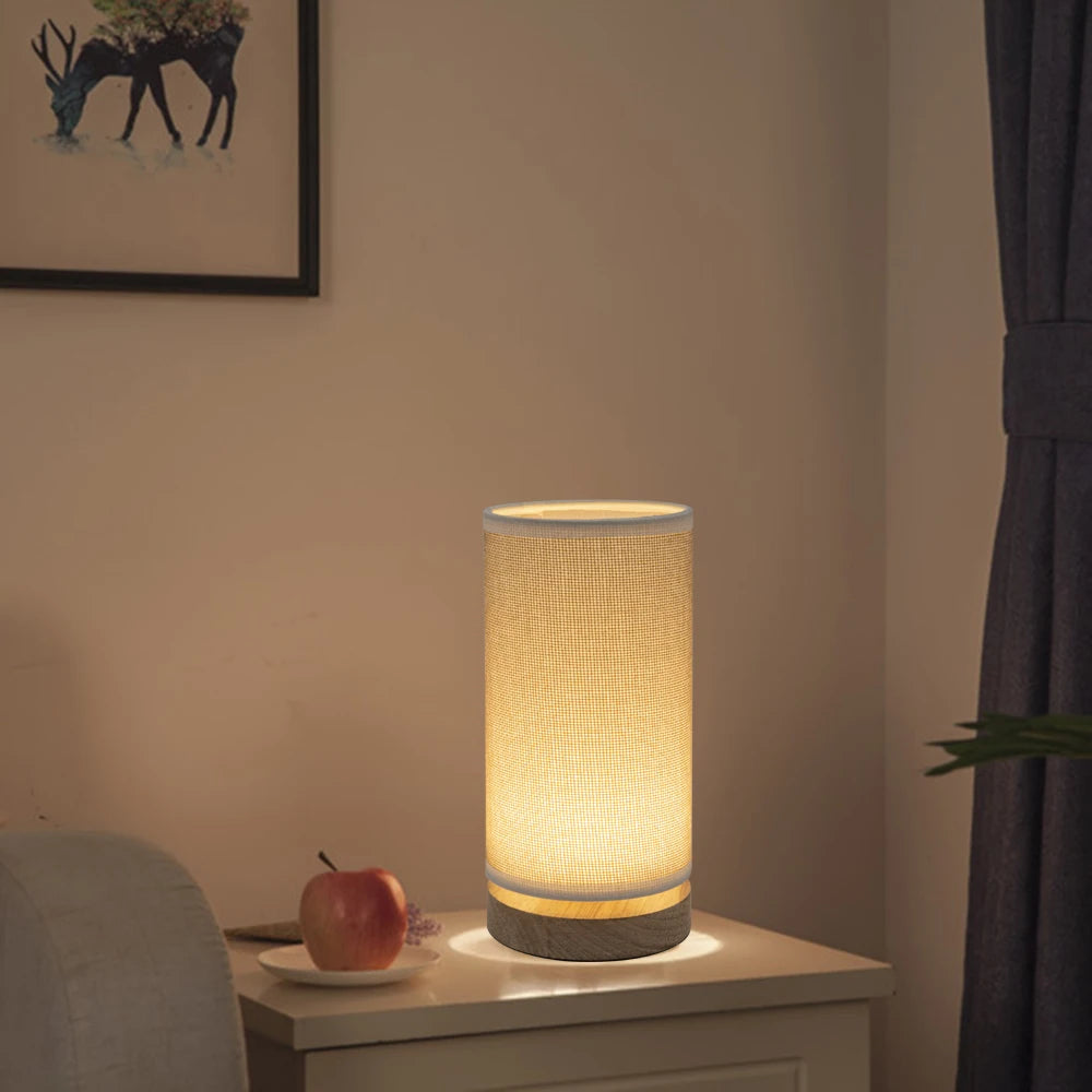 Fabric-Shade LED Table Lamp with Wooden Base
