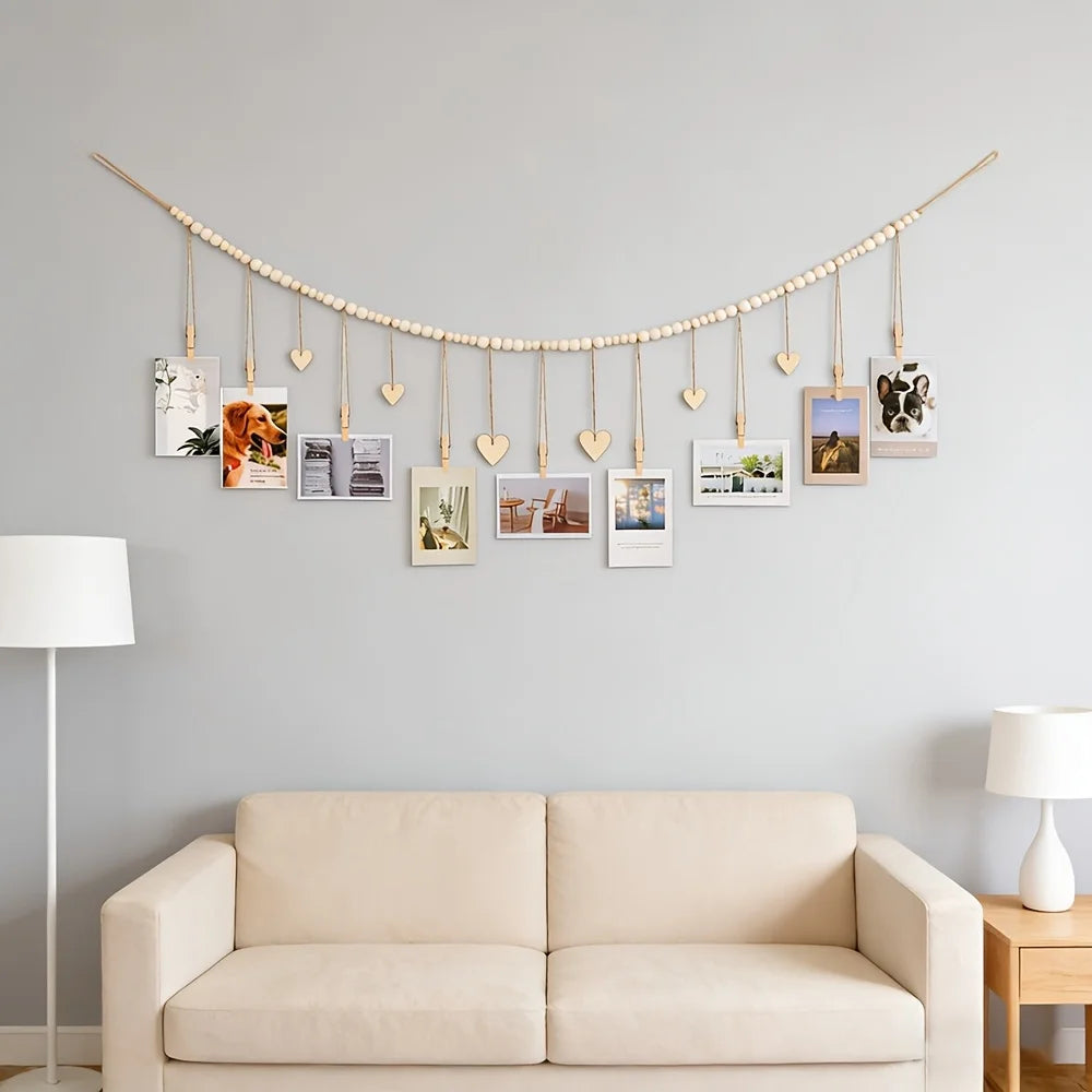 Wooden Bead Hanging Photo Display with Clips