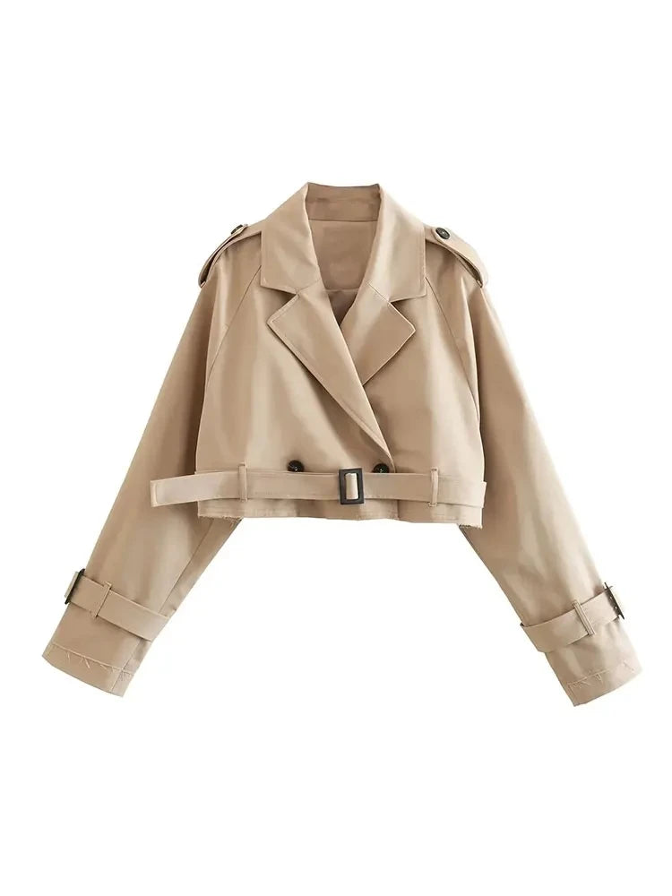 Belted Double-Breasted Cropped Trench Jacket
