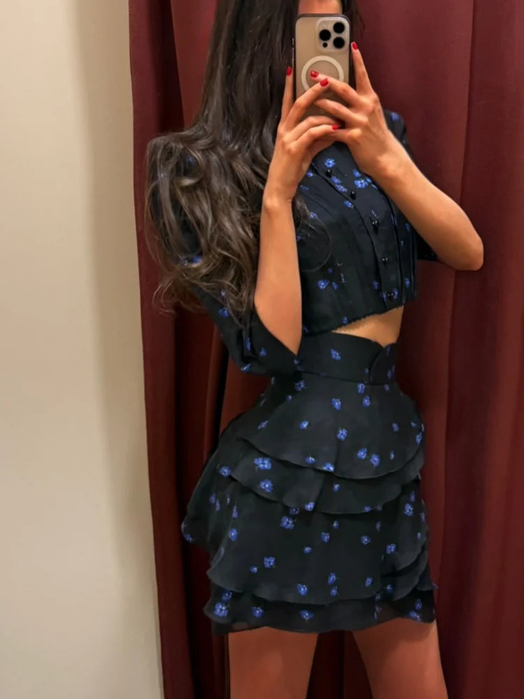 Puff-Sleeve Crop Top & Ruffle Mini Skirt Set