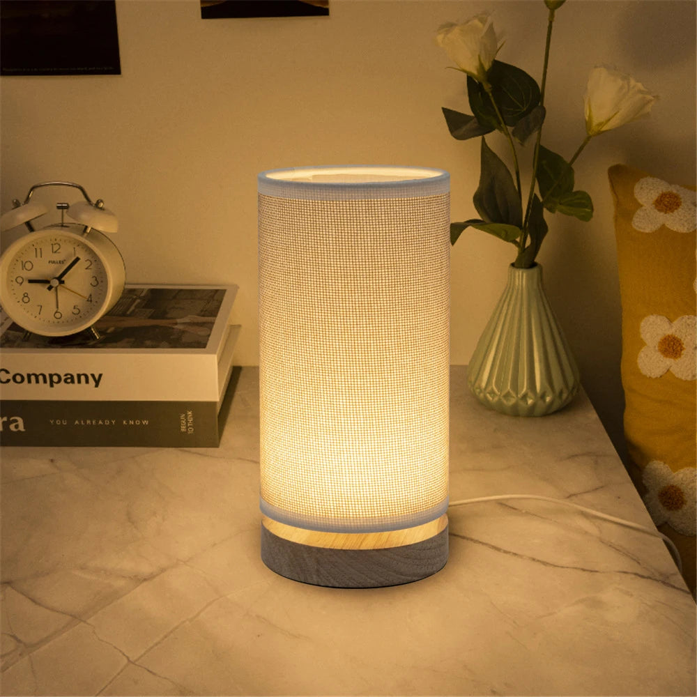 Fabric-Shade LED Table Lamp with Wooden Base