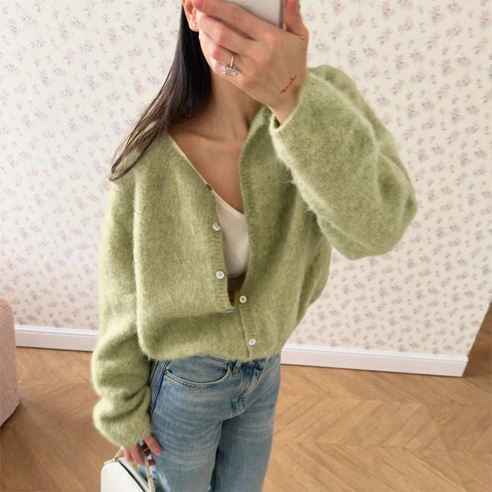 Round-Neck Button-Front Knit Cardigan