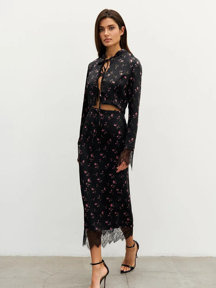 Printed Long-Sleeve Top & Maxi Skirt Set