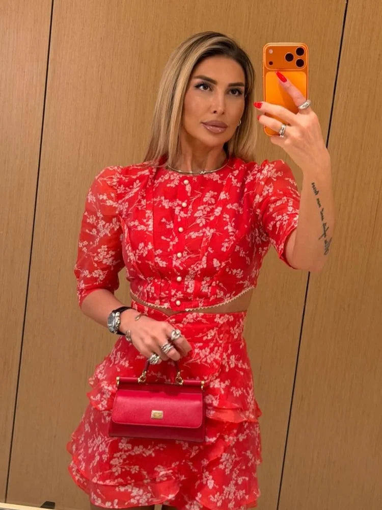 Puff-Sleeve Crop Top & Ruffle Mini Skirt Set