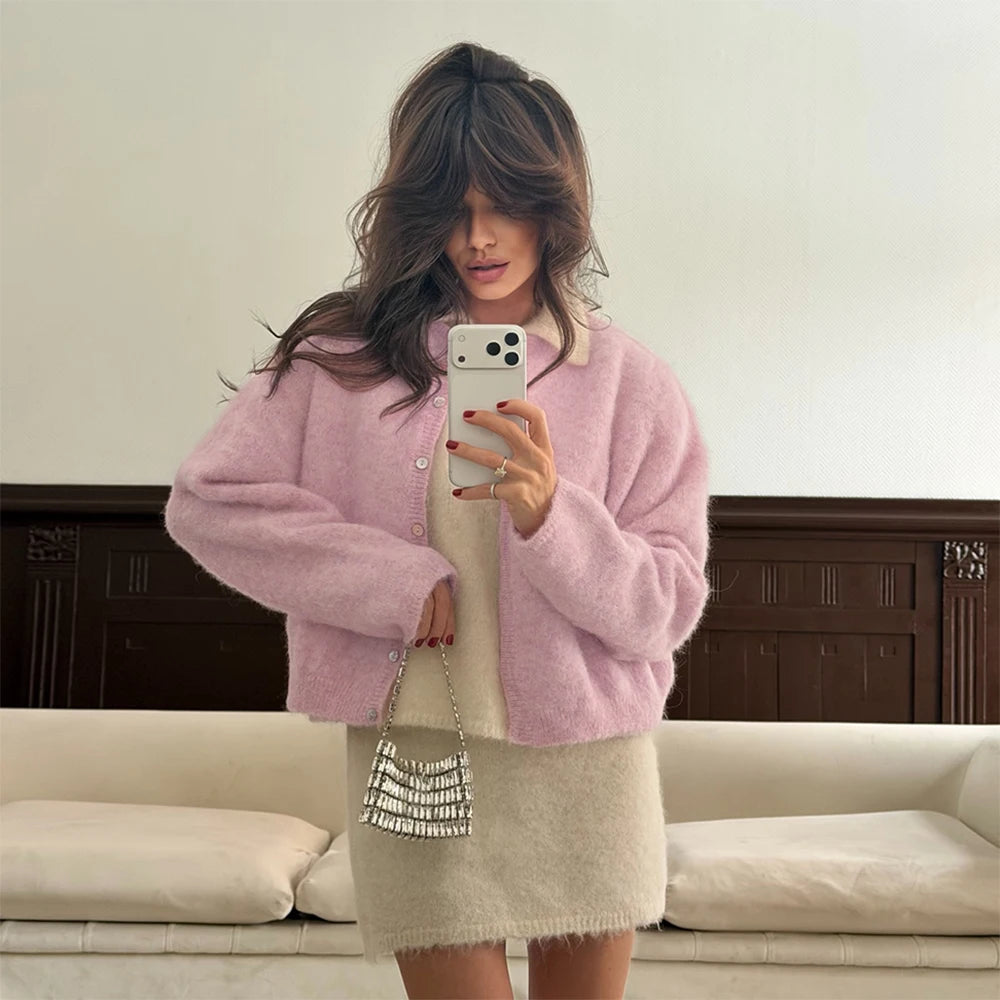 Round-Neck Button-Front Knit Cardigan
