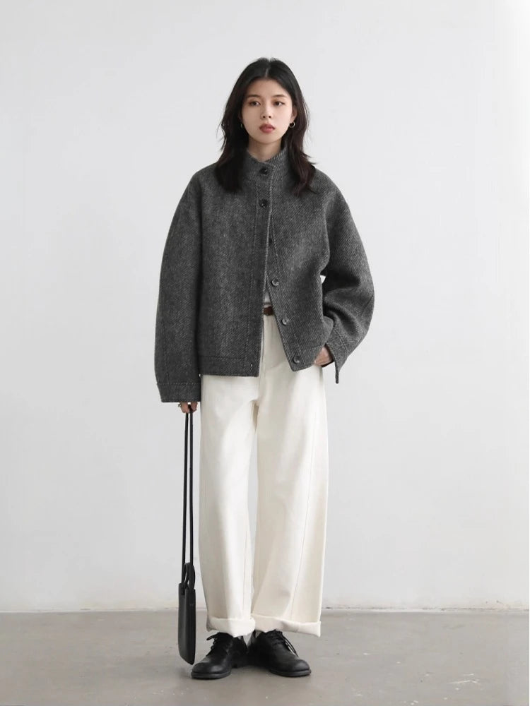 Stand-Collar Wool-Blend Short Coat