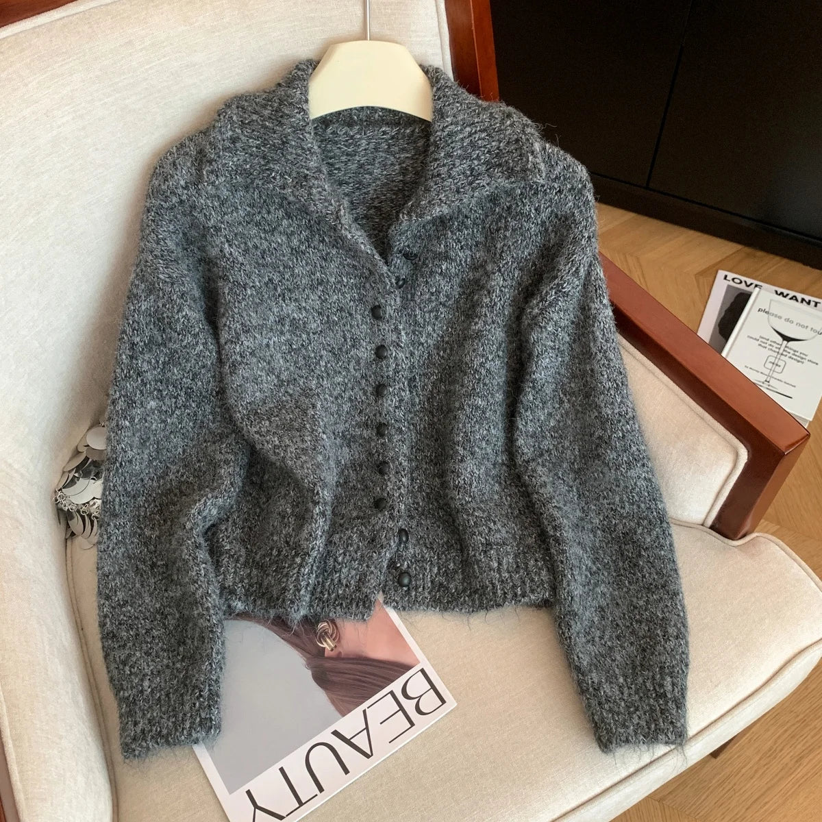 Turtleneck Button-Front Knit Cardigan