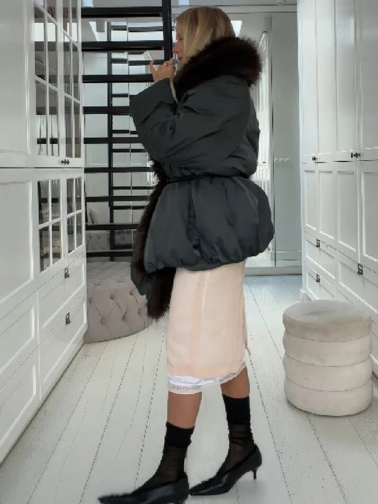 Belted Padded Jacket with Faux-Fur Collar