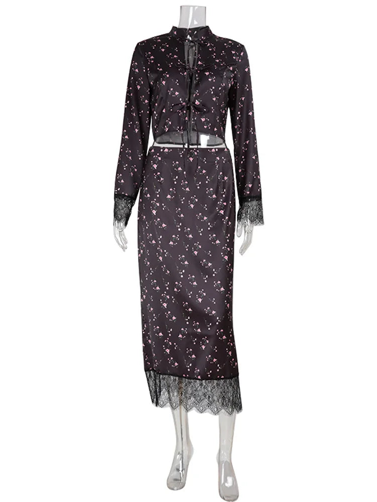 Printed Long-Sleeve Top & Maxi Skirt Set