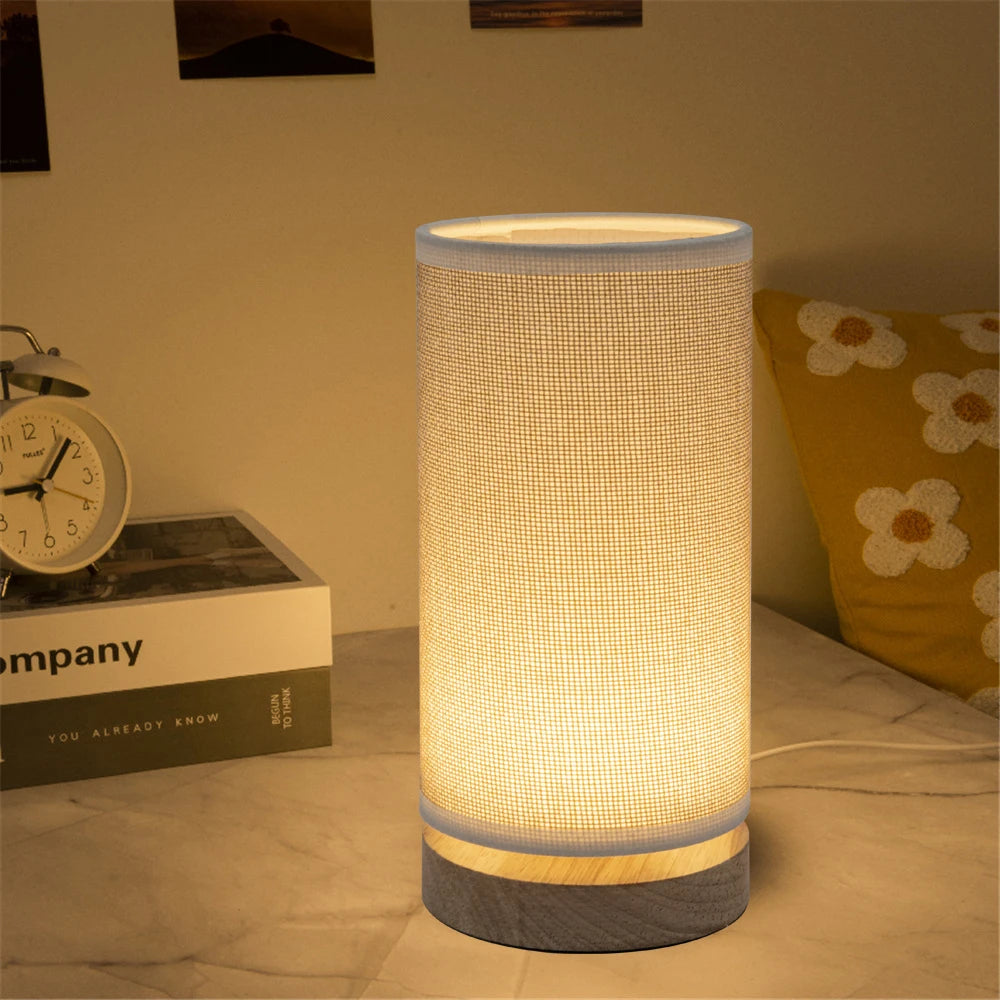 Fabric-Shade LED Table Lamp with Wooden Base
