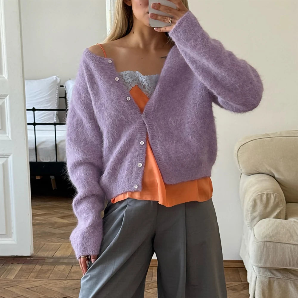 Round-Neck Button-Front Knit Cardigan