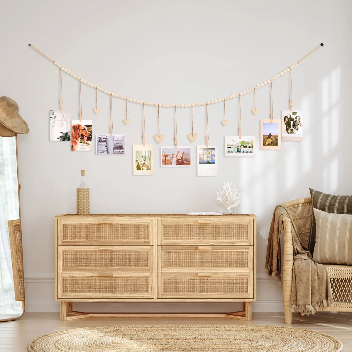 Wooden Bead Hanging Photo Display with Clips