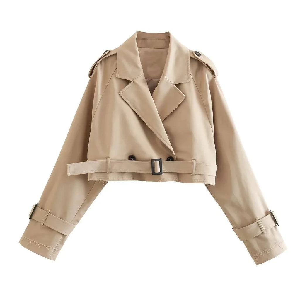 Belted Double-Breasted Cropped Trench Jacket