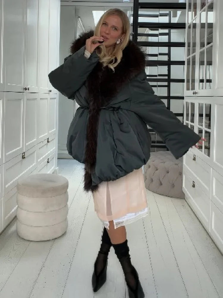 Belted Padded Jacket with Faux-Fur Collar
