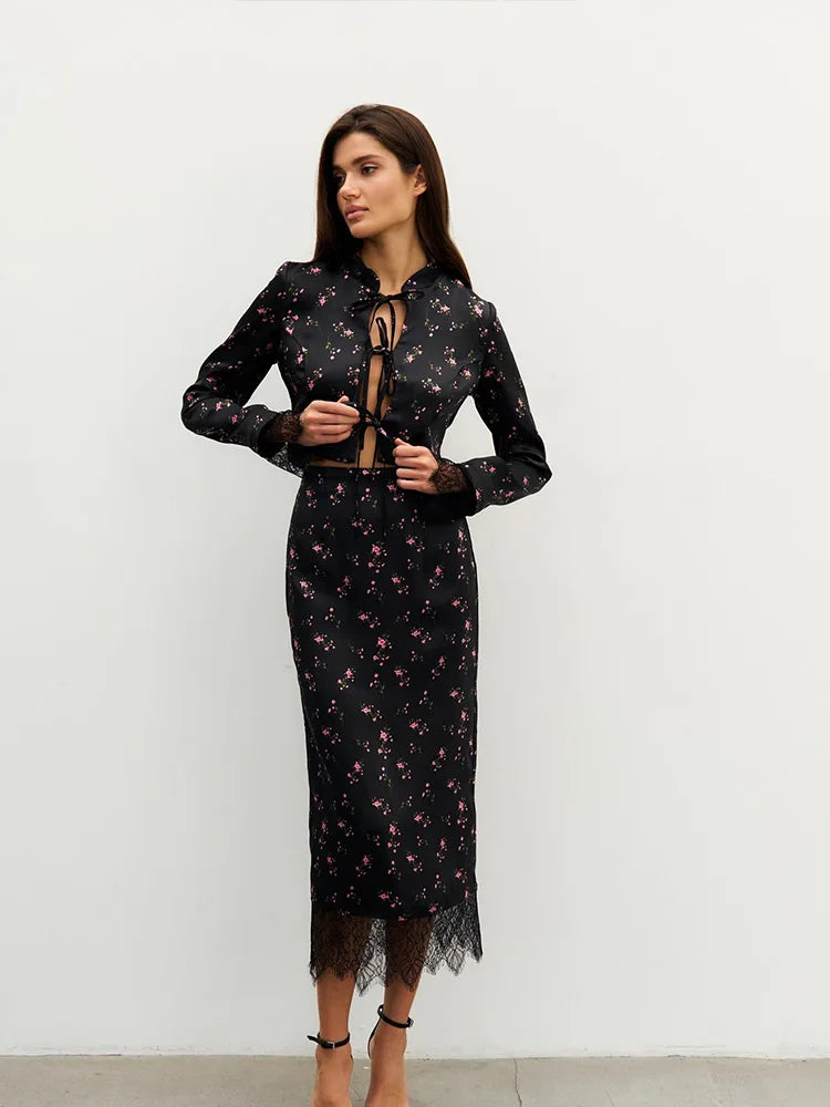 Printed Long-Sleeve Top & Maxi Skirt Set